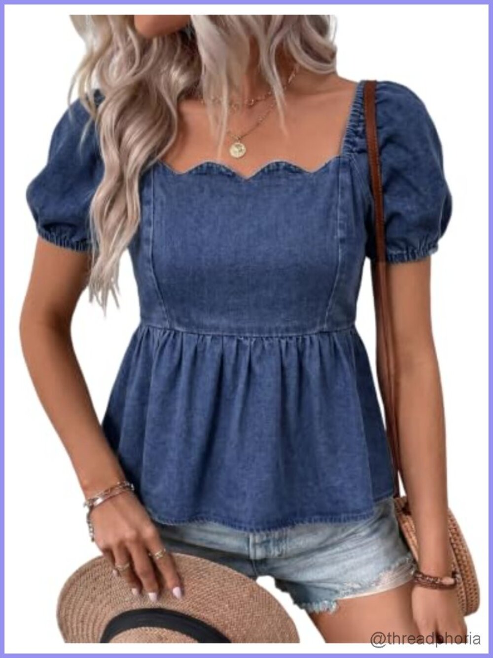 Women's Denim Puff Sleeve Square Neck Blouse Cotton Country Concert Top